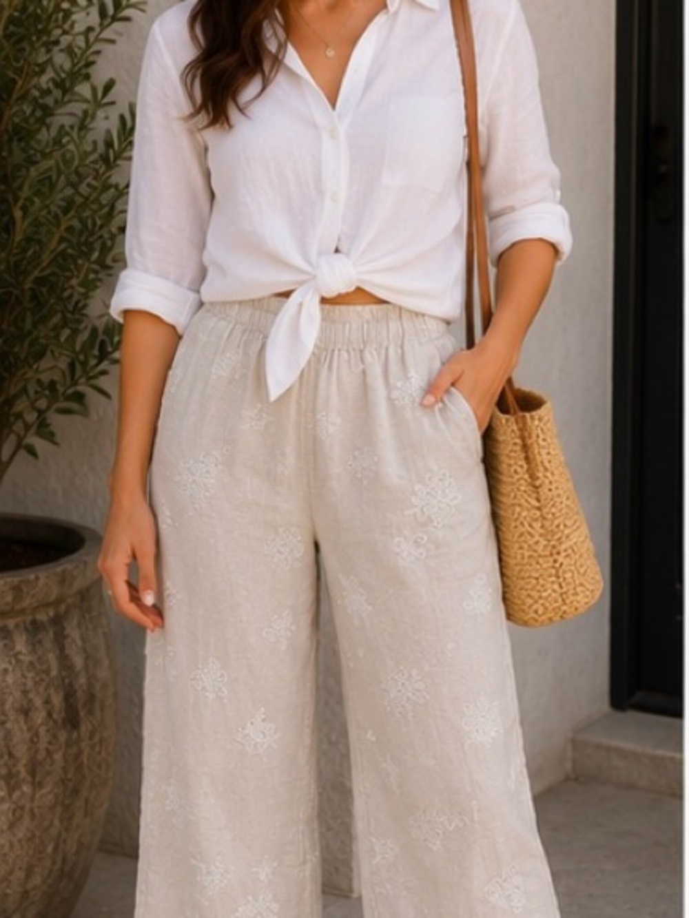 Made in Italy 100% Linen Embroidered Pants Boho Coastal Cottagecore Wide Leg